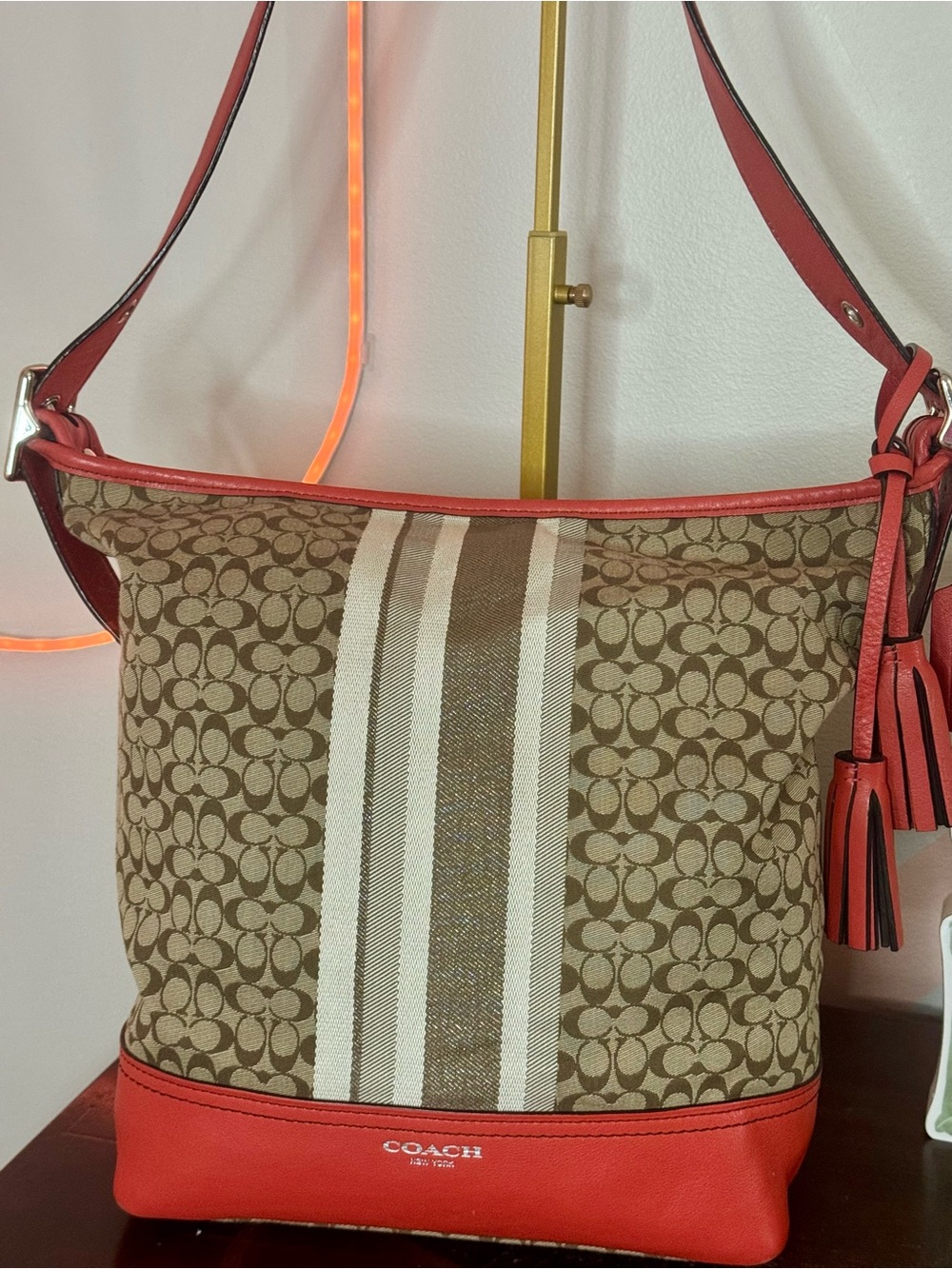 Coach Legacy Signature Stripe Duffle with Coral Trim and Tassels